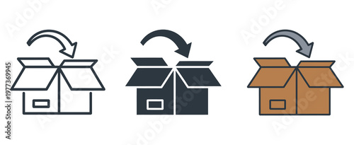 Open, cardboard box with return arrow icon set, product return policy, order exchange, unboxing and delivery symbol, e-commerce and logistics design, vector illustration, flat icons for apps, websites