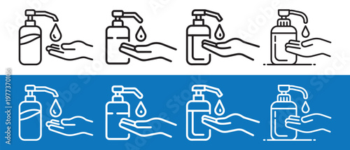 Hand Sanitizer Pump Bottle Dispensing Liquid Onto Palm and Hand Icons Set.