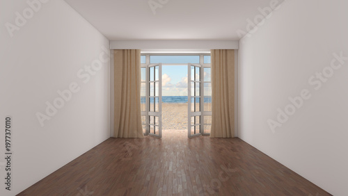 Minimal Empty Interior with Wooden Floor and Curtains Framing Open Glass Doors Leading to Sandy Beach and Blue Ocean Horizon. Bright Coastal Light Creates Calm Relaxing Atmosphere. 3D Illustration