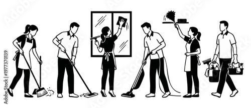 Professional Cleaning Service Team Characters Doing Housework Tasks, Black and White Vector Illustration of People Sweeping, Mopping, Washing Windows, Vacuuming, and Dusting in a Corporate Uniform Sty