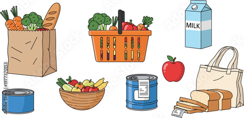 Colorful grocery shopping illustration featuring paper bag with vegetables, basket of produce, milk carton, canned goods, fruits, bread, and reusable tote bag 