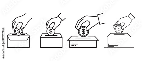 Hands Donating Coins into Collection Boxes, Outline Vector Icons for Charity, Savings, and Investment.