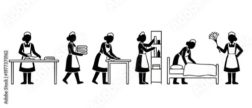 Maid service icons set cleaning and housekeeping tasks featuring hotel staff characters in uniform performing daily chores like making beds, dusting and tidying up for professional hospitality industr