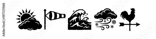 Weather Icons Set in Hand-Drawn Woodcut Style featuring Sun, Windsock, Ocean Wave, Snow Cloud, and Rooster Weather Vane Silhouette Illustrations