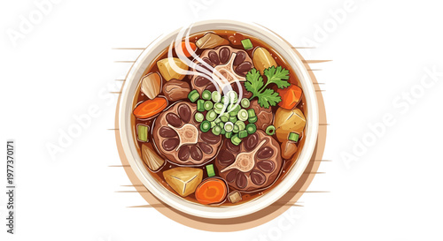 Delicious Oxtail Soup with Vegetables, Herbs, and Steam, Top View