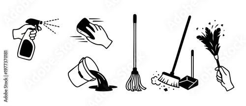 Cleaning icons set with broom, mop, bucket, and spray bottle. Black and white vector collection of household chores, housekeeping tools, sanitation, and home maintenance equipment in a flat line style