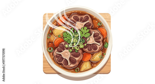 Delicious Oxtail Soup with Vegetables, Garnished and Steaming, Top View