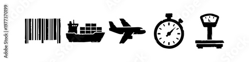 Set of Hand-Drawn Logistics and Shipping Icons Featuring Barcode, Container Ship, Cargo Plane, Stopwatch, and Industrial Scale Silhouettes for Global Supply Chain Concepts