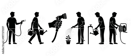 Gardening silhouette set, people watering plants and using hose equipment for irrigation, landscaping chores and yard maintenance icons in black flat vector style for seasonal work and lawn care conce