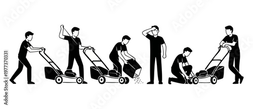 Lawn Mowing Process Steps Illustration, Man Cutting Grass with Mower, Maintenance Sequence, Gardening Work Activities, Black and White Vector Icon Set Showing Yard Care Tasks and Professional Landscap