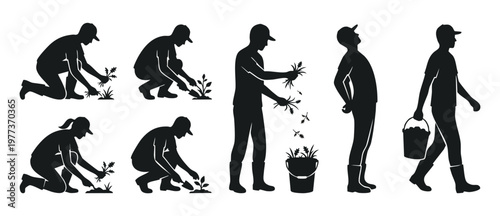 Gardener Silhouette Set Working with Plants, Weeding and Planting in Soil, Flat Vector Icons. Collection of agricultural workers using tools, carrying buckets, and caring for garden landscape design.