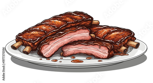 Delicious BBQ Ribs on a Plate, Drizzled with Sauce, Ready to Eat.