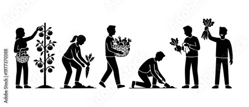 People Harvesting Vegetables Silhouette Set: Gardening Actions and Farm Activities for Healthy Organic Food Concept, Black Icons of Farmers Picking Fresh Crops and Carrying Baskets for Sustainable Liv