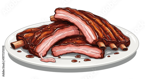 Delicious BBQ Ribs on a White Plate, Juicy and Appetizing.