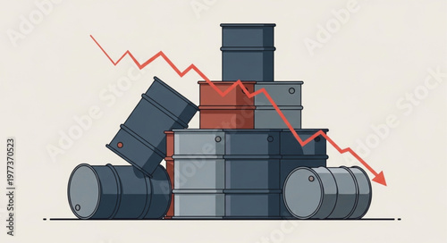 Oil barrels with a downward trending graph indicating price drop.