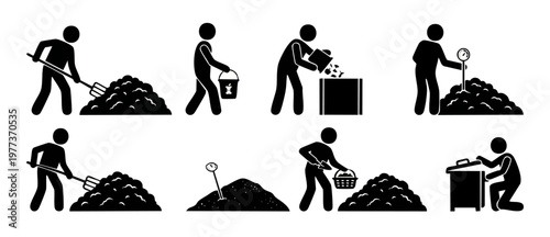 Composting process stick figure icons set, people turning soil and organic waste recycling for sustainable gardening, agriculture fertilizer production, environmental eco-friendly earth care infograph