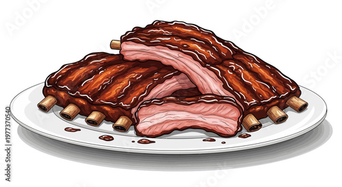 Delicious, Juicy, Barbecued Ribs with Glaze Served on a White Plate
