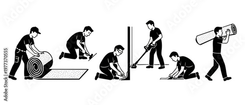 Carpet Installation Steps Professional Worker Icons - Flooring Service Process Infographic Symbols for Home Improvement, Construction, Interior Renovation, and Maintenance Manual Vector Graphic Illust