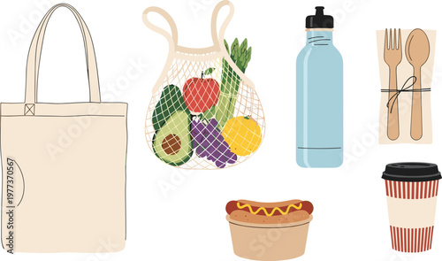 Eco‑friendly reusable tote bag, mesh produce bag with fruits and vegetables, water bottle, wooden utensils, hot dog, and coffee cup lifestyle illustration for sustainability and convenience