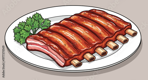 Delicious Cartoon Rack of Ribs with Glossy Glaze on Plate