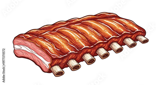 Delicious Cartoon Illustration of Smoked BBQ Ribs with Bones