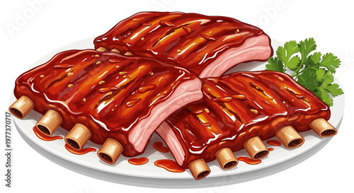 Delicious BBQ Ribs on White Plate, Glazed and Ready to Eat