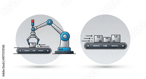 Robotic arm and conveyor belt with boxes in factory setting.