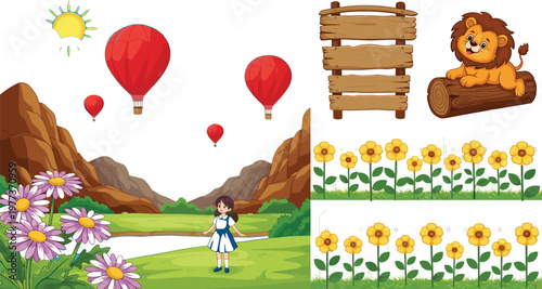 Fantasy valley landscape with hot air balloons flowers wooden sign lion on log and floral border cartoon vector illustration set
