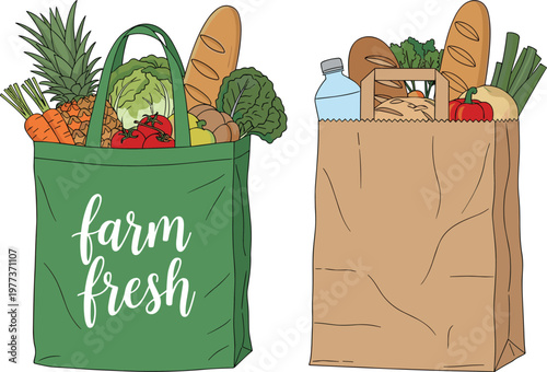 Green reusable tote bag with farm fresh text and brown paper grocery bag filled with healthy fruits, vegetables, bread, and water bottle for organic lifestyle