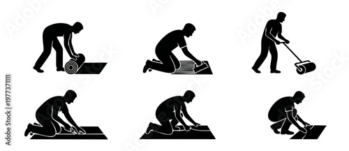Flooring Installer Icons Set, Professional Floor Installation Steps, Carpet and Tile Laying Service Vector Collection for Construction and Home Renovation Manuals, Black Silhouettes on White Backgroun