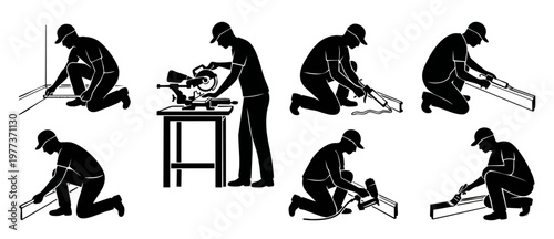 Construction worker silhouettes icon set, builder using tools, carpentry and renovation concepts for vector graphic design projects, measuring sawing gluing and painting tasks on white background isol