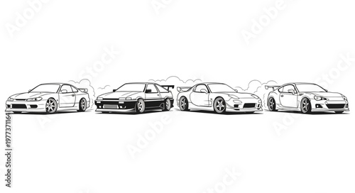 Four Sports Cars Lined Up Together Artistic Drawing.