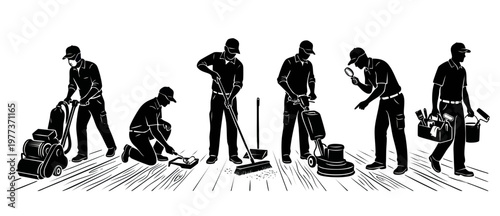 Professional Floor Cleaning Service Silhouettes, Wood Floor Refinishing Workers, Maintenance Technicians, Industrial Janitorial Tasks and Construction Renovation Processes Isolated on White Background