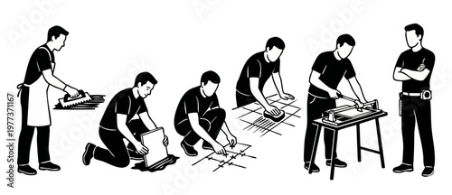 Tiling process steps installation guide, professional ceramic tile worker workflow showing construction tasks, interior floor renovation, construction site manual labor actions, monochromatic vector s