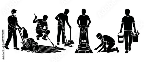 Professional Floor Cleaning Service Silhouettes, Workers With Industrial Maintenance Equipment Including Floor Sanders, Scrubbers, Sweepers, And Paint Supplies For Renovation Or Construction Projects