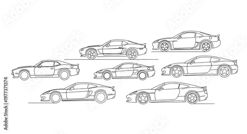 Collection of Sports Car Silhouettes in Sketch Style.