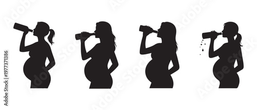 Pregnant Women Drinking from Bottles Silhouette Icon Set, Illustrating Unhealthy Habits During Pregnancy.