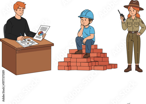 Office worker reviewing documents construction worker sitting on bricks and ranger with radio cartoon vector illustration for occupation and workplace concept