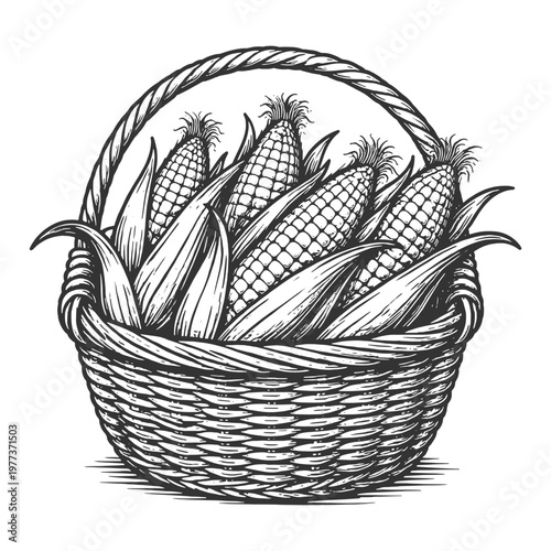 Rustic basket of corn cobs vector illustration in vintage engraved line art harvest style isolated