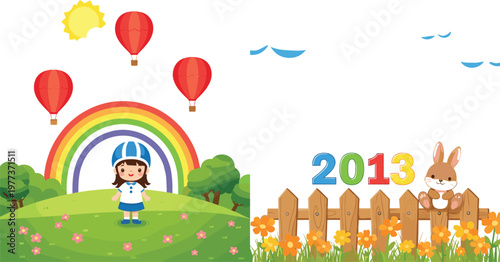 Happy child under rainbow with hot air balloons sunny landscape and cute bunny with 2013 numbers spring garden vector illustration