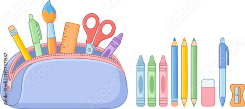 Cute School Supplies Set with Pencil Case and Stationery Items Vector Illustration for Back to School