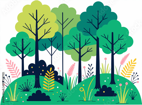 Nature landscape. Coniferous forest clearing scenery. Fir, spruce trees, grass in woodland. Conifer countryside, sky and clouds. Flat vector illustration isolated on white background