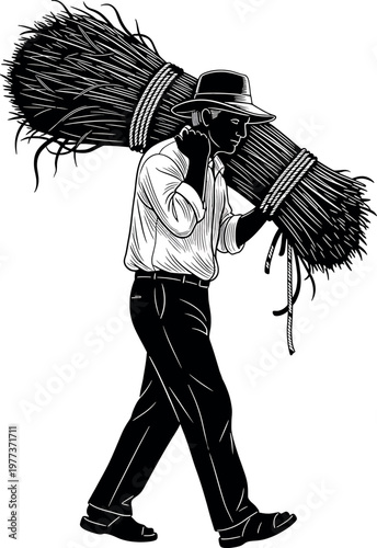 Vintage illustration of a man carrying bundles of brushwood on his shoulders black and white
