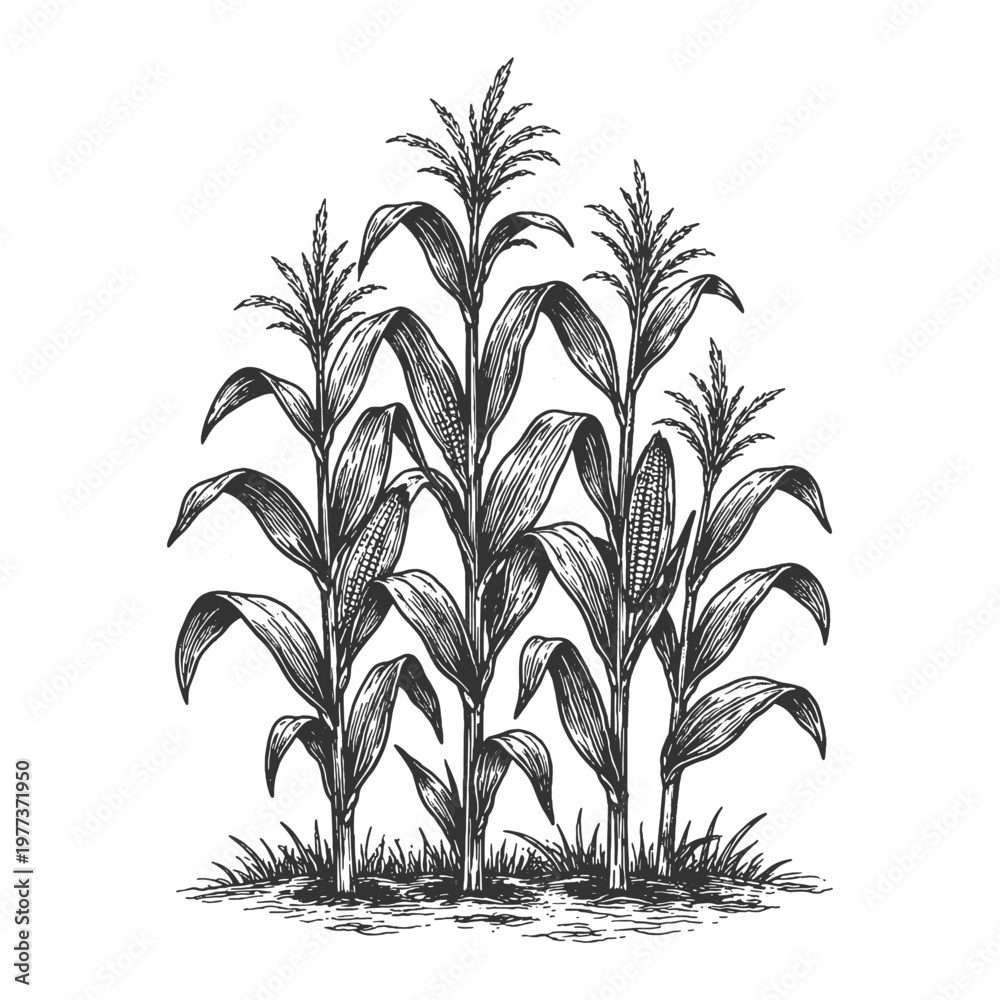 Wall Mural Detailed line art vector illustration of three corn plants, black and white vint