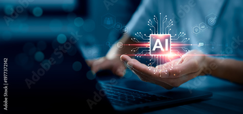 Canvastavla Business professional holding glowing AI microchip icon above laptop keyboard wi
