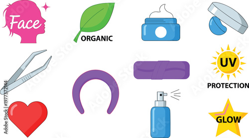 Beauty and Skincare Icon Set for Organic Products, UV Protection, Glow, and Facial Care