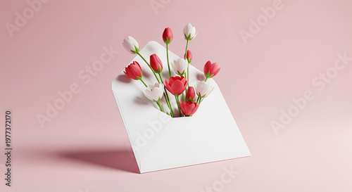 Tulip flowers blooming from white envelope on pink background, Mother's Day greeting concept, minimalist floral gift card, spring love letter, 3D illustration, elegant design.