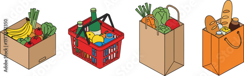 Vector illustration of assorted grocery containers including cardboard box, plastic basket, paper bags with fresh produce, bread, and packaged goods, symbolizing shopping, food, and packaging concepts