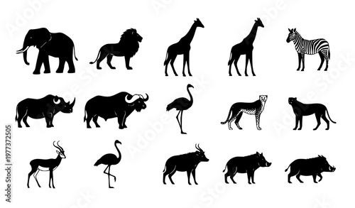 African safari animal silhouettes set with lion elephant giraffe zebra and savannah wildlife vector collection