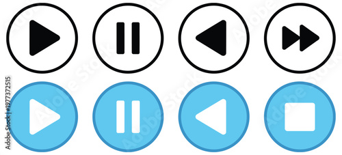 Modern, media button icon set in black and blue, play, pause, stop, rewind, fast forward, volume and mute symbols, flat vector graphics, interface controls for apps, web, and digital media application